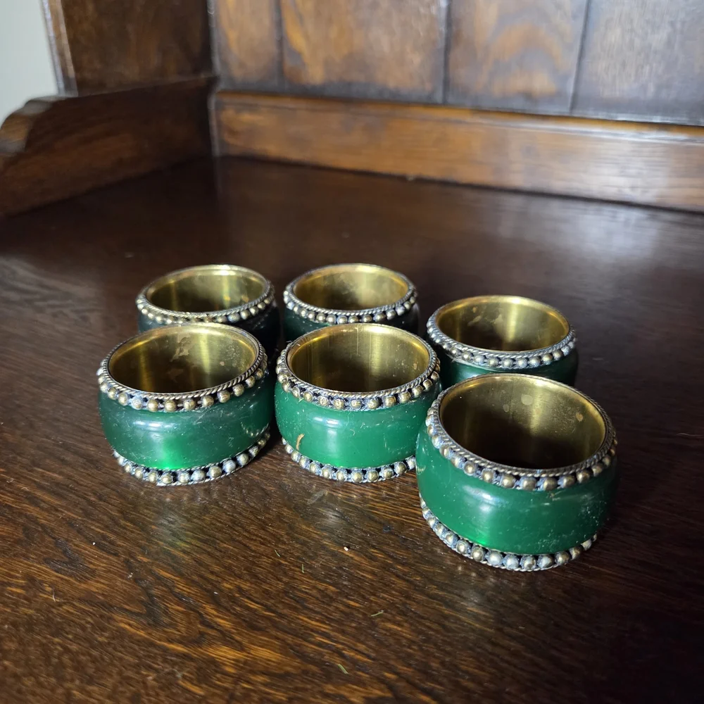 Emeraled Green and Brass Napkin Rings Set Of 6